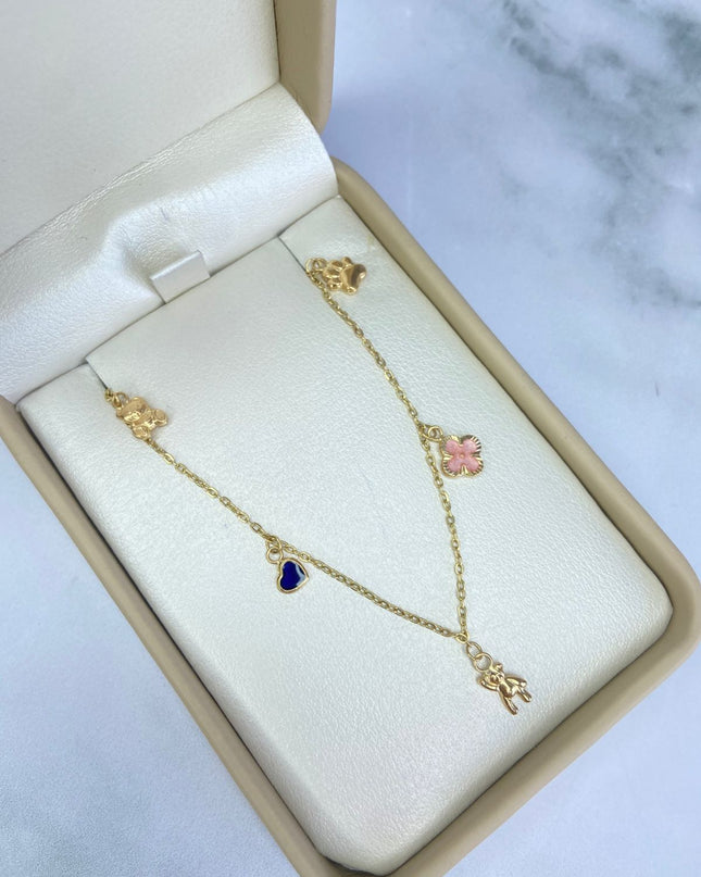 Pulso oso, corazon azul, oso mano alzada, trebol rosado y huella / 2,49 Gr Broche 0,40 / 18 Cm / Oro amarillo 18k